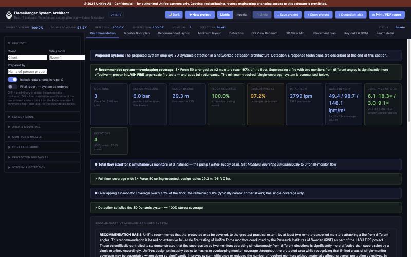 FlameRanger System Architect showing a recommended monitor and detection system